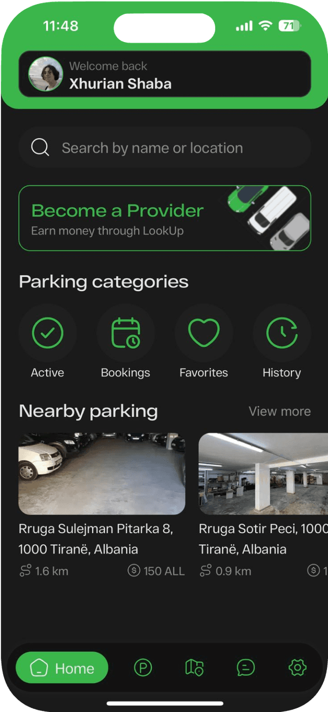 LookUp app home screen with nearby parking