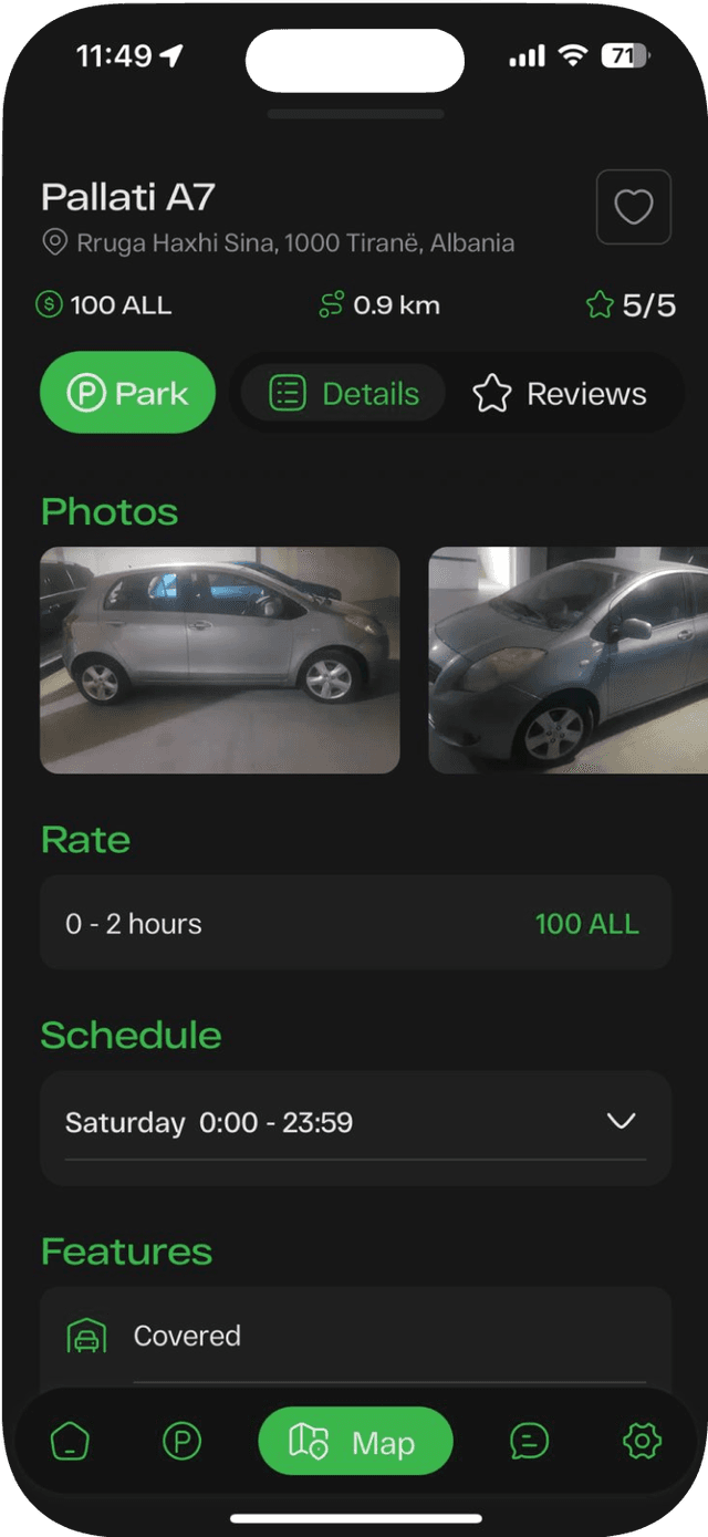 A parking spot's details, rate and schedule in the LookUp app