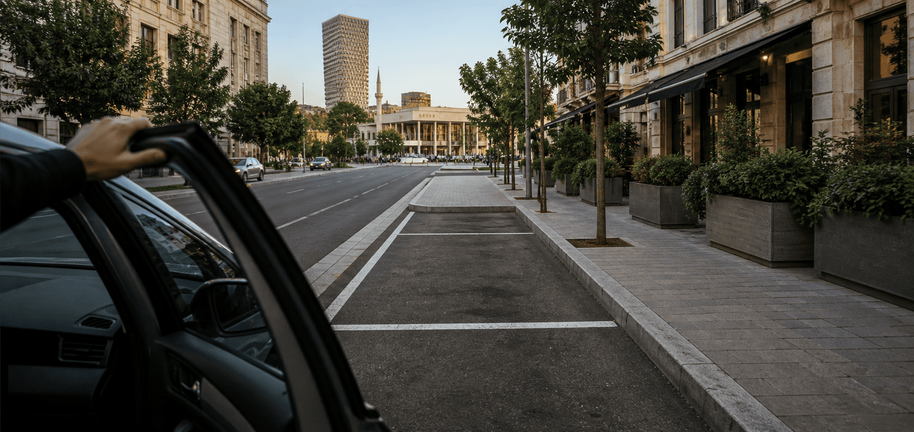 A driver's view of an available parking space in Tirana