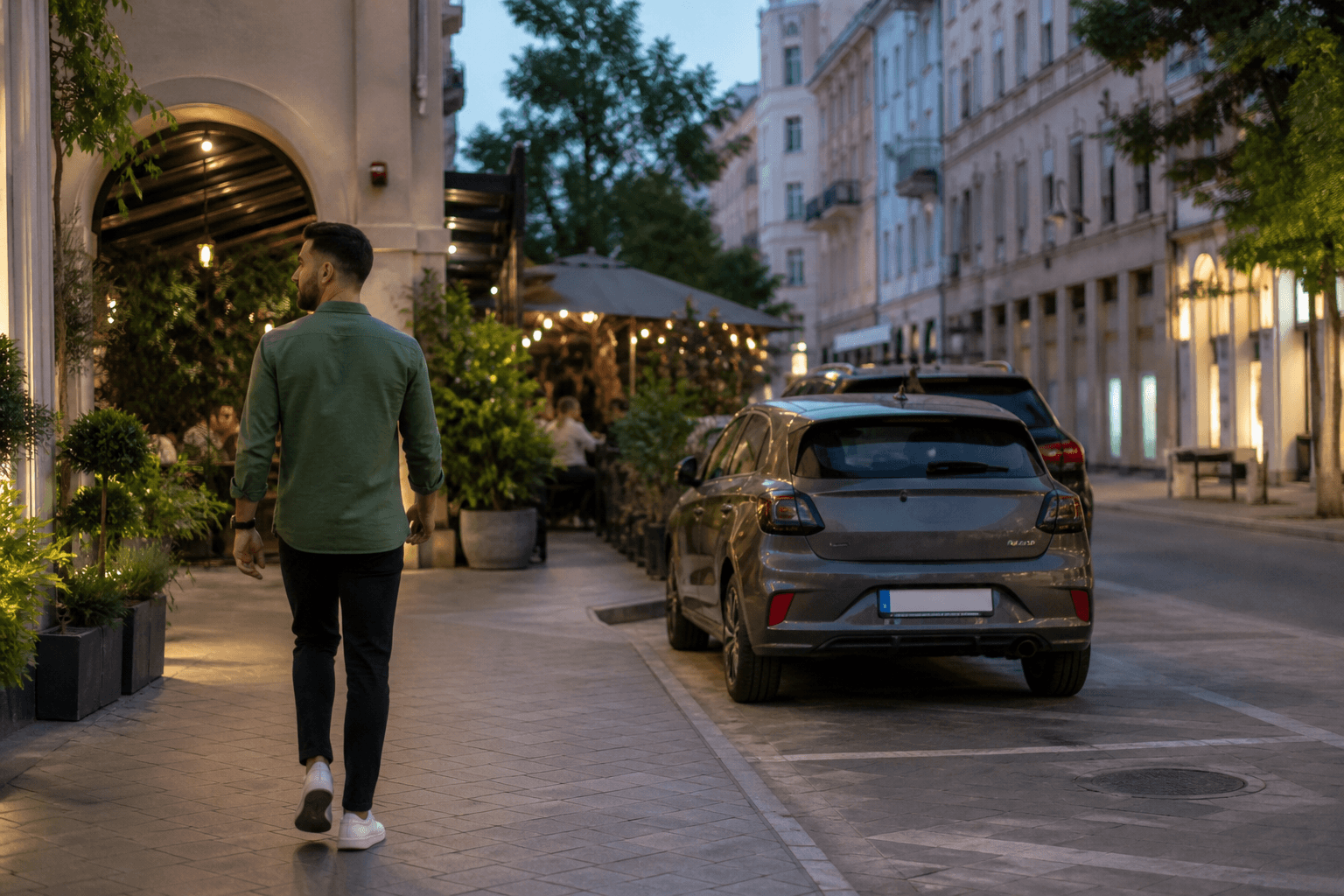 A LookUp driver walking to his destination after parking