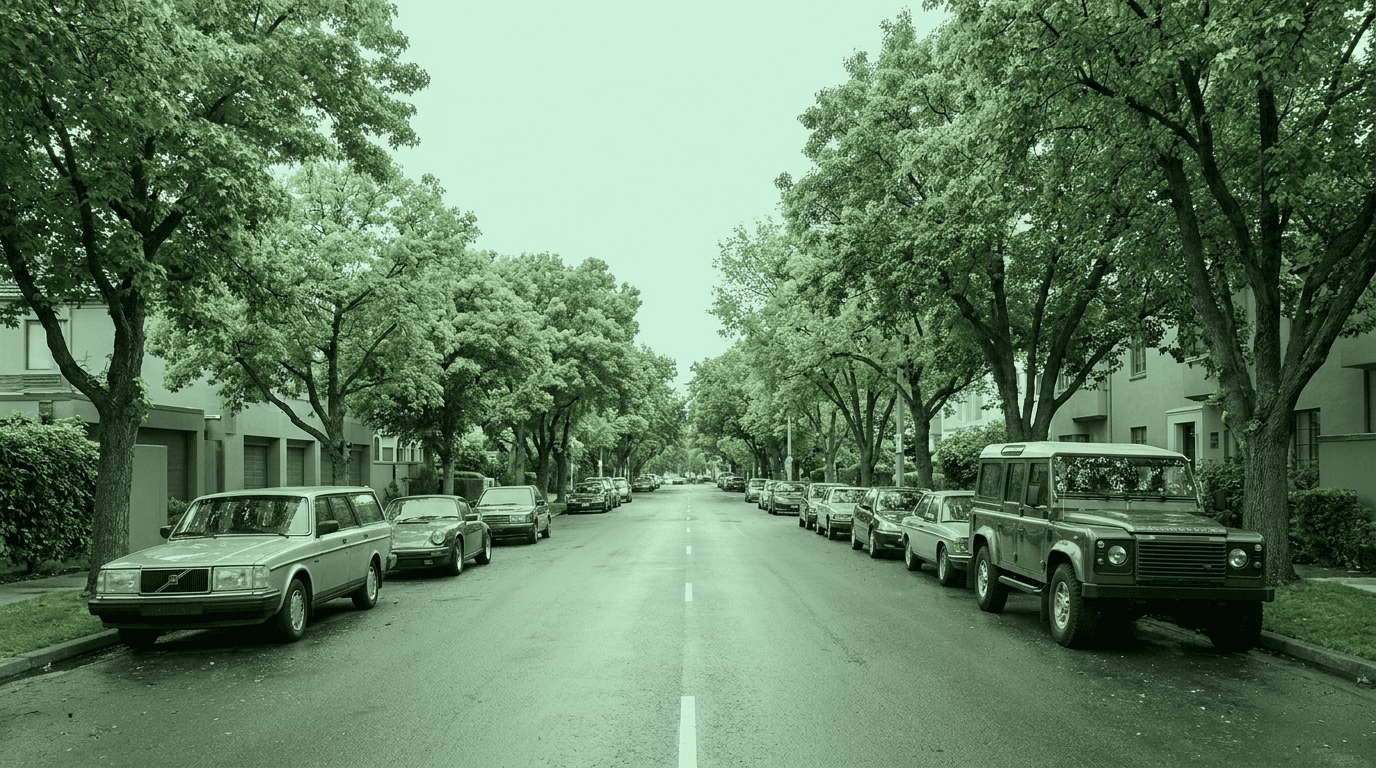 A tree-lined street with cars parked along both sides